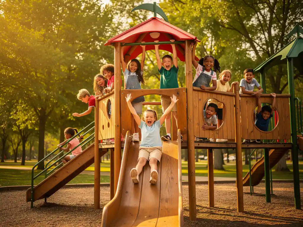 Kinderen lachen en klimmen op een houten speeltoestel in een zonnig park, één kind glijdt jubelend naar beneden.
