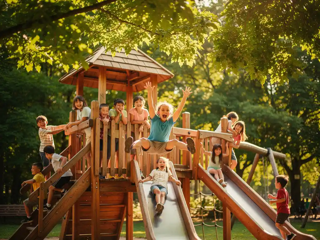 Kinderen lachen en klimmen op een houten speeltoestel buiten, omringd door groene bomen in zomers zonlicht.