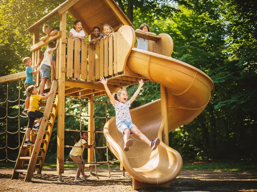 Kinderen lachen en klimmen op een houten speeltoestel buiten, één kind glijdt met opgeheven armen, omgeven door groene bomen in de zomer.