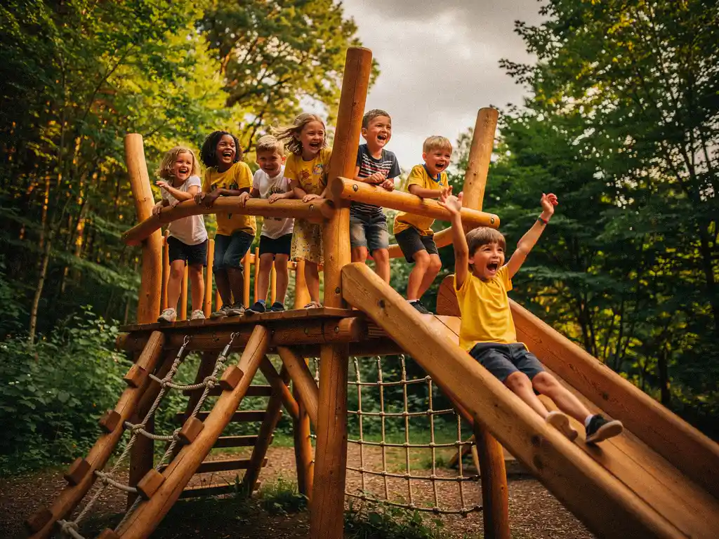 Kinderen lachen en klimmen op een houten speeltoestel buiten, omringd door groene bomen in warm zomerlicht.