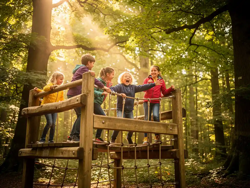 Kinderen lachen en klimmen op een houten speeltoestel in het bos van de Veluwe, Gelderland, met zonlicht door eikenbomen.