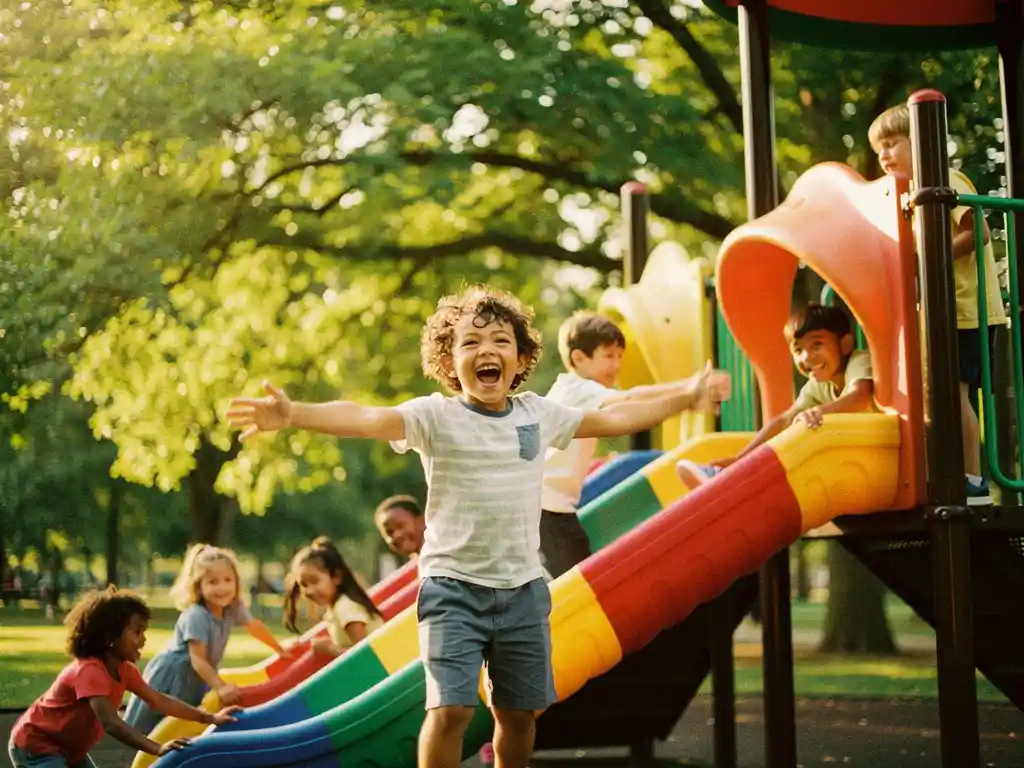 Kinderen lachen en spelen op kleurrijke speeltoestellen in een begroeide buitenruimte, met zomers zonlicht door de bomen.