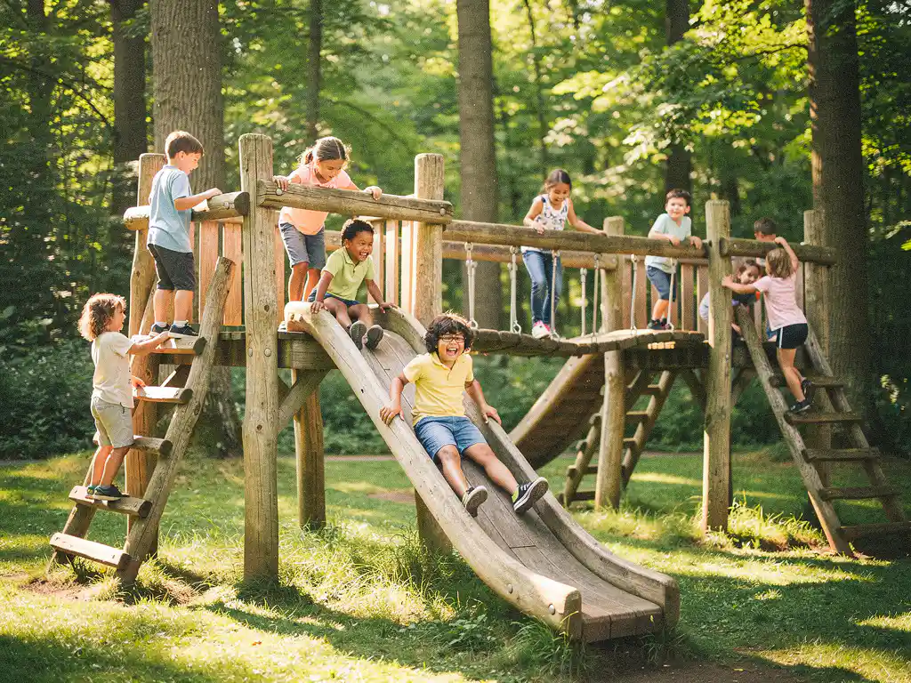 Kinderen spelen lachend op houten klimtoestellen in een groen park, met zonlicht dat door de bomen filtert.