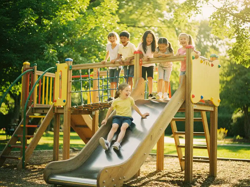 Lachende kinderen die klimmen en glijden op een houten speeltoestel in een zonnig park, omringd door weelderig groen.