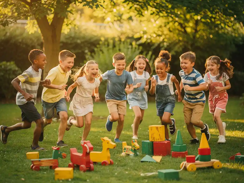 Lachende kinderen spelen buiten met kleurrijke houten speelgoed in een groene speeltuin, badend in warm middagzonlicht.