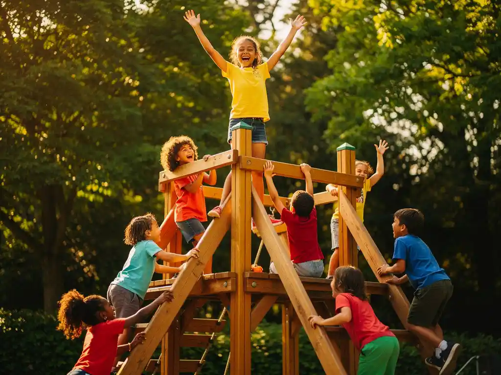 Kinderen lachen en klimmen op houten speeltoestellen buiten, omringd door weelderig groen en warm goudkleurig zonlicht.