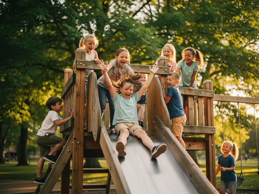 Kinderen lachen en klimmen op een houten speeltoestel buiten, terwijl één kind juichend van de glijbaan glijdt in warm middagzonlicht.