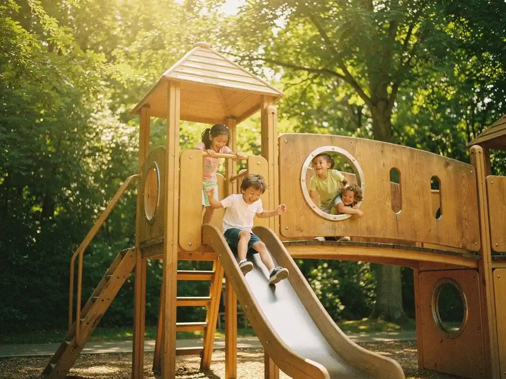 Kinderen lachen en klimmen op een grote houten speelstructuur buiten, omgeven door weelderig groen, in warm zomerlicht.