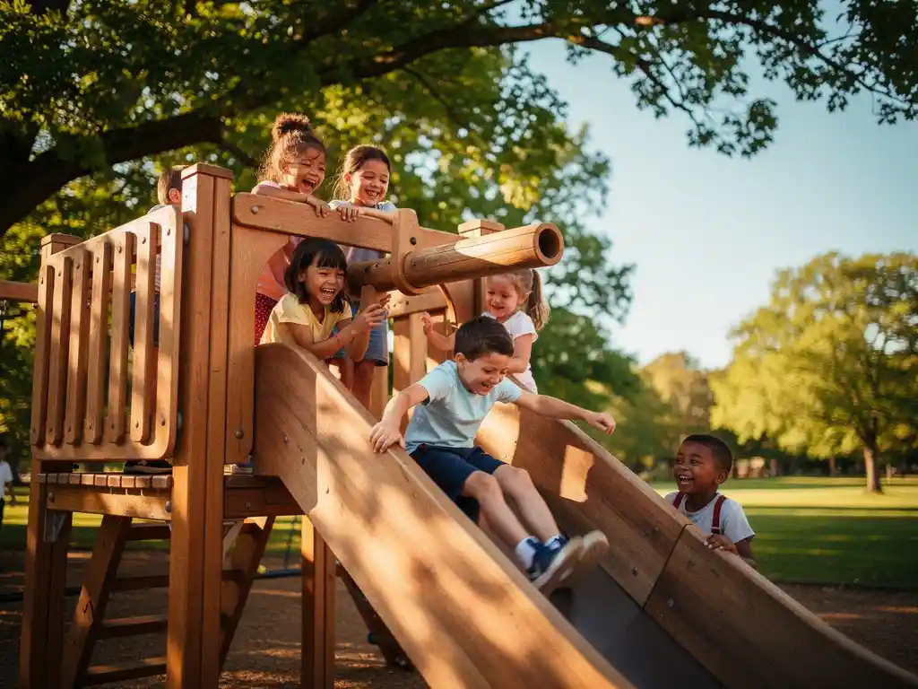 Kinderen lachen en klimmen op een houten speeltoestel buiten, één kind glijdt van een glijbaan terwijl een ander door een periscoop kijkt.