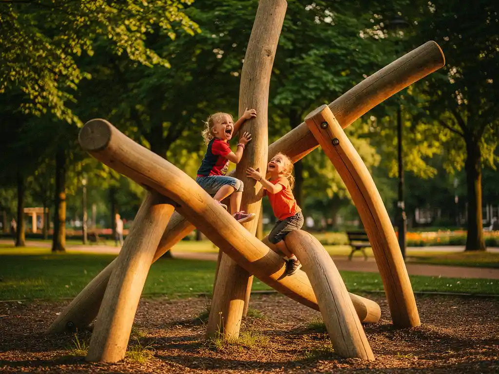 Twee lachende kinderen klimmen op een houten speeltoestel in een Nederlands park, omgeven door groene bomen in warm middaglicht.