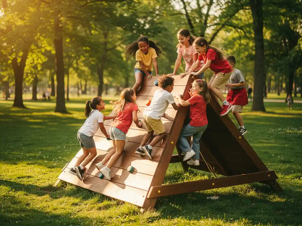 Lachende kinderen klimmen op een groot houten speeltoestel in een zonnig park met weelderig groen.