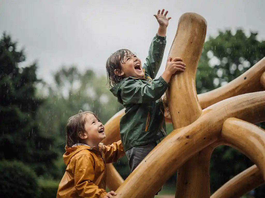 Twee lachende kinderen klimmen op een grote houten speelsculptuur buiten in de regen, omringd door weelderig groen.