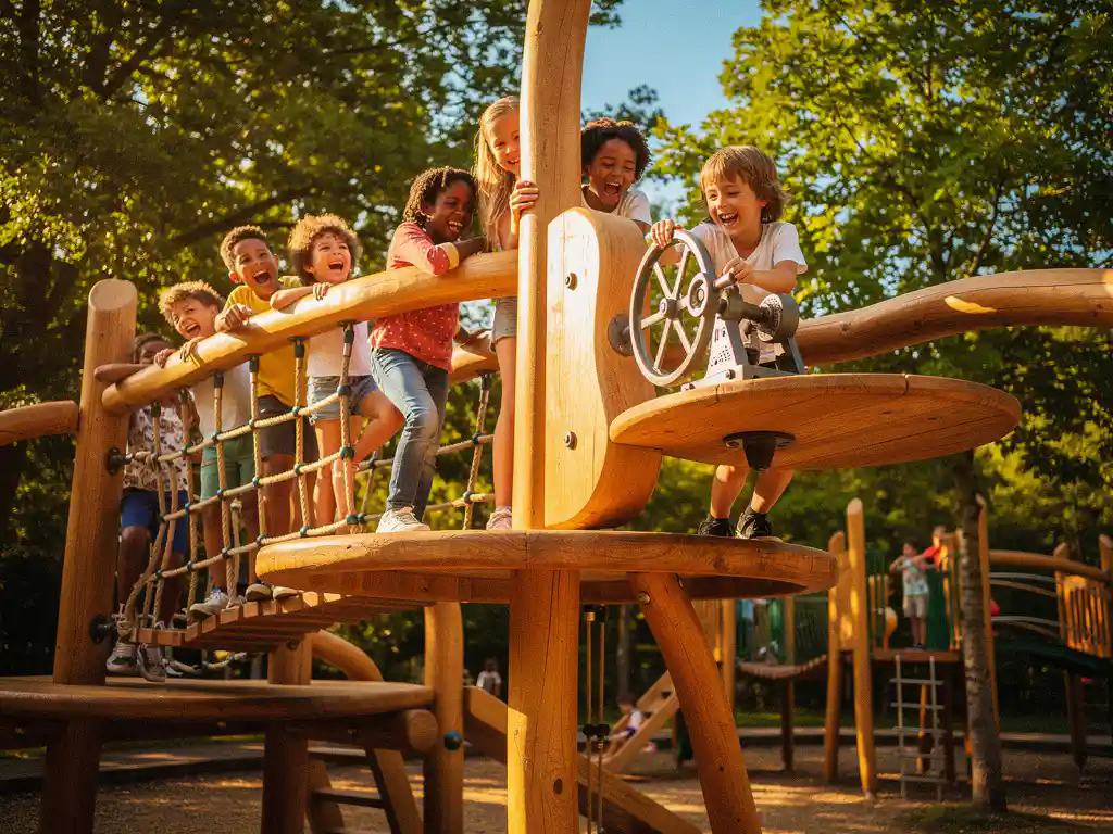 Kinderen lachen en klimmen op houten speeltoestellen in een avonturenpark, terwijl een kind een handslinger bedient in warm zonlicht.